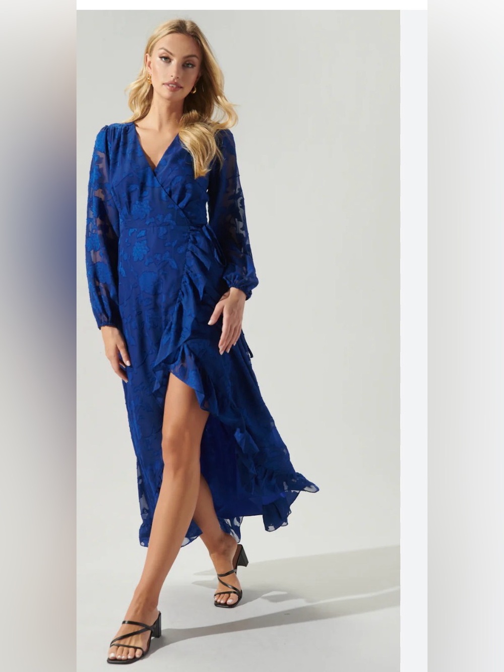 Sugarlips Royal Blue Long Sleeve Ruffle Wrap Maxi Burnout Zola Dress XS